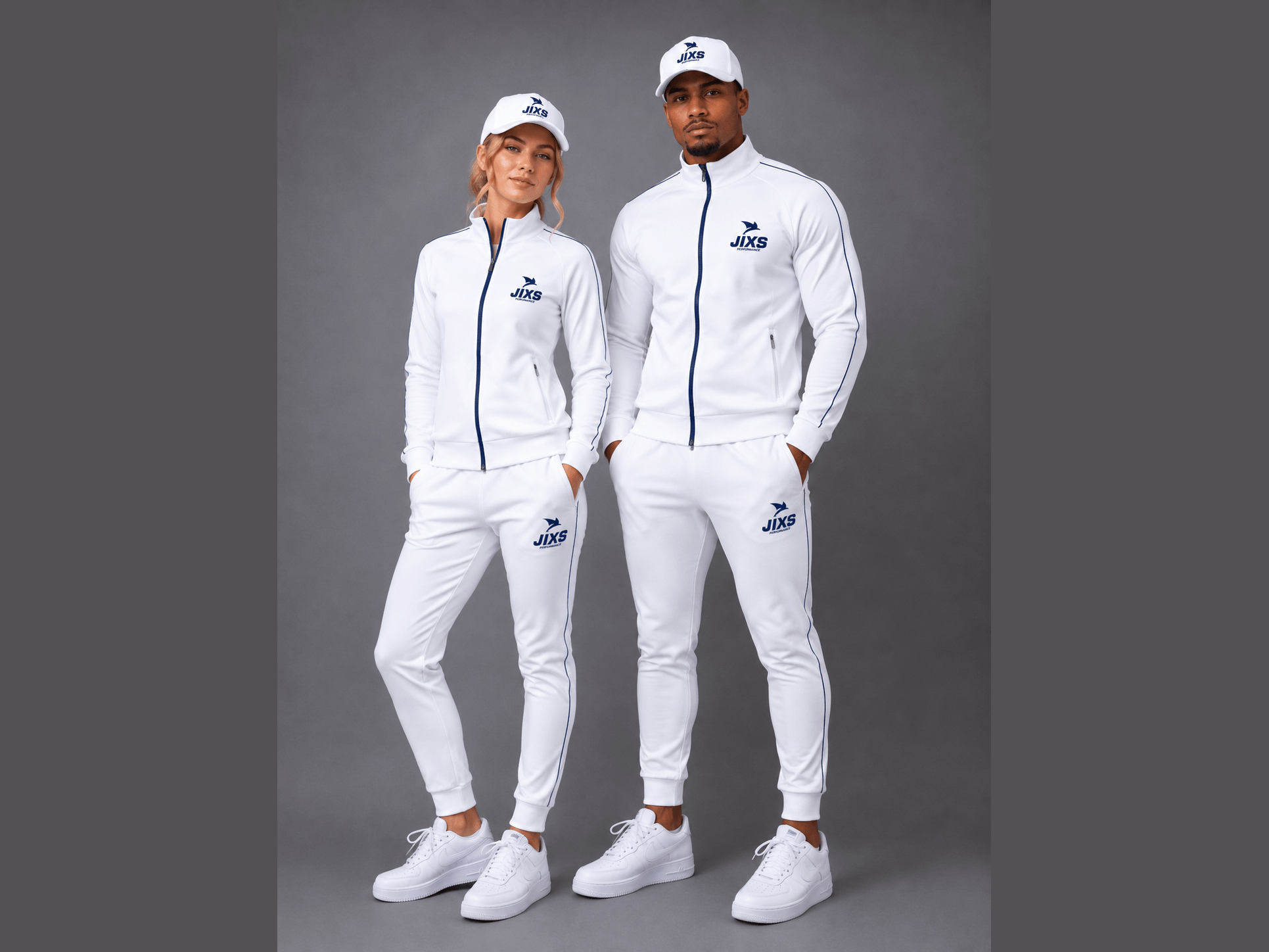 Femme et homme portant des ensembles JIXS blancs, entièrement visibles