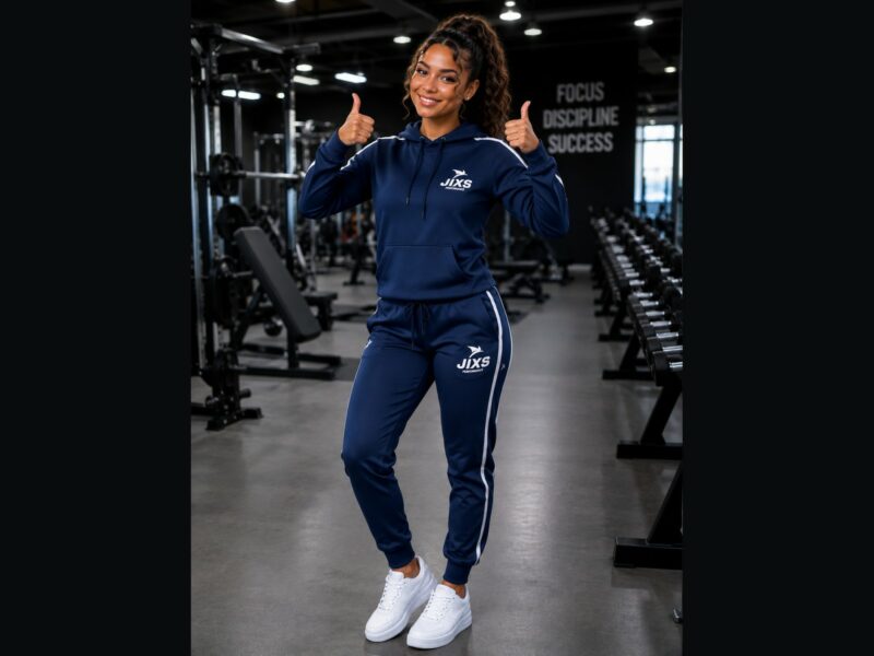 Femme portant un sweat et un jogging bleus JIXS Premium, entièrement visible