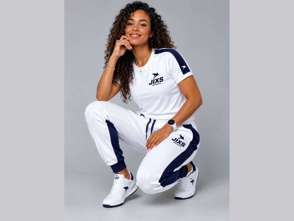 Femme portant un t-shirt et un jogging blancs et bleus JIXS Premium