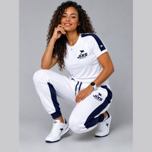 Femme portant un t-shirt et un jogging blancs et bleus JIXS Premium