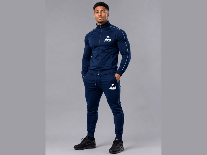 Homme portant un survêtement JIXS bleu, entièrement visible