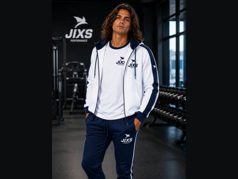 Homme portant un survêtement blanc et bleu avec t-shirt JIXS Premium