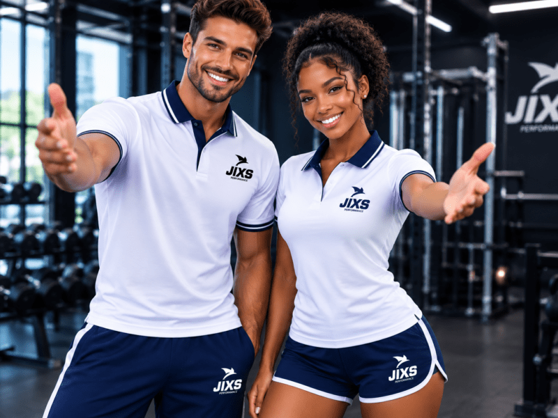 Duo JIXS Performance portant des polos blancs dans une salle de sport