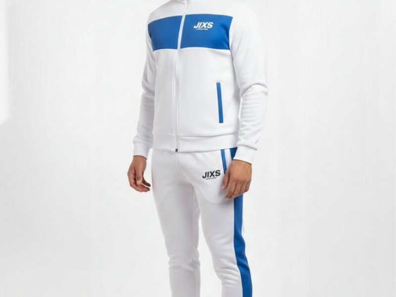 ensemble-survetement-homme-blanc-bleu-bande-jixs JIXS Tracksuit Elite Homme Blanc Bleu Bande