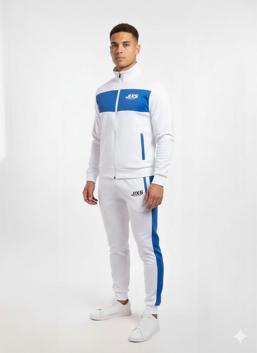 JIXS Tracksuit Elite Homme Blanc Bleu Bande