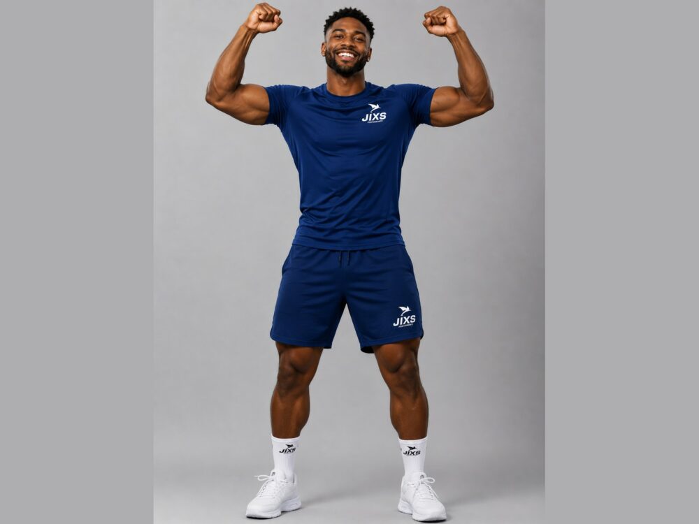 Homme portant un ensemble bleu JIXS avec t-shirt et short, entièrement visible