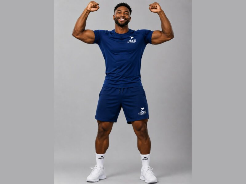 Homme portant un ensemble bleu JIXS avec t-shirt et short, entièrement visible