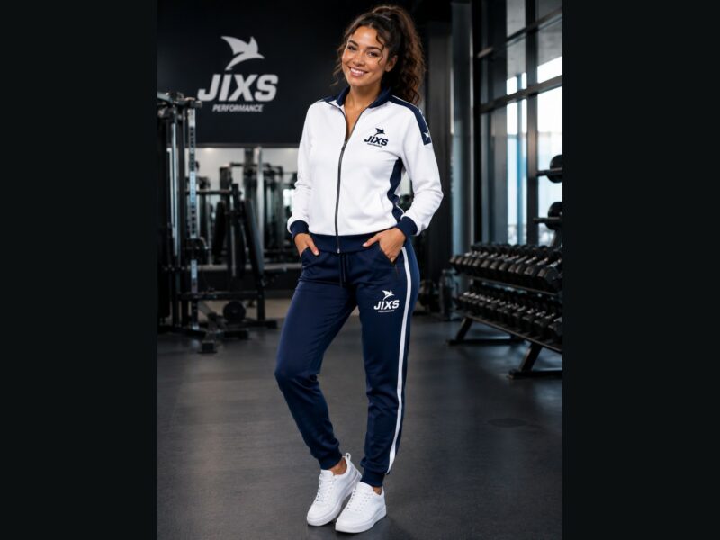 Femme portant un survêtement blanc et bleu JIXS Premium, entièrement visible