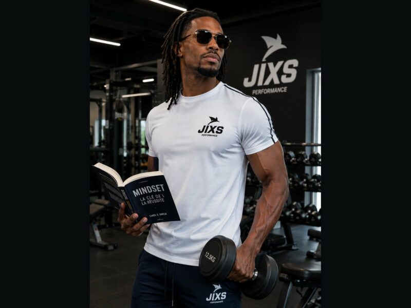 Homme portant un T-shirt blanc JIXS Mind7 dans une salle de sport