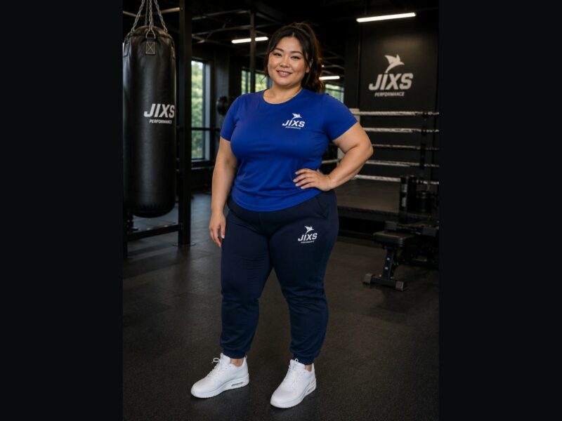 Femme portant un T-shirt bleu JIXS Step One dans une salle de sport
