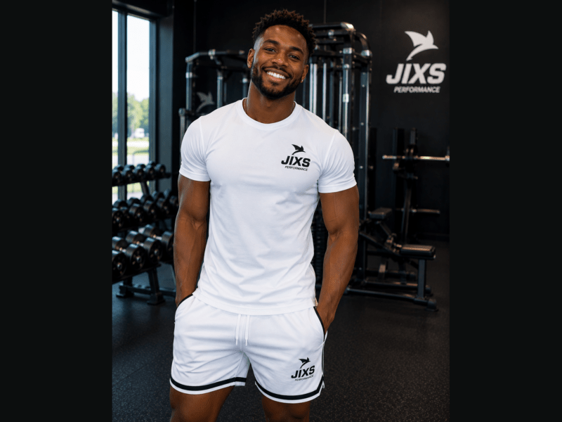 Homme portant un t-shirt athlétique blanc JIXS dans une salle de sport