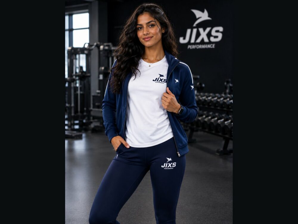 Femme portant une veste et un legging bleus JIXS Premium