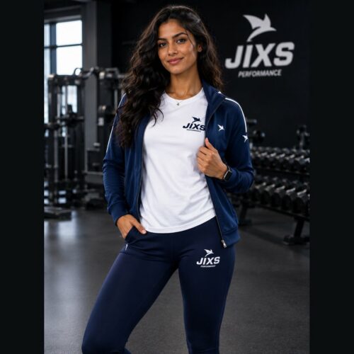Femme portant une veste et un legging bleus JIXS Premium