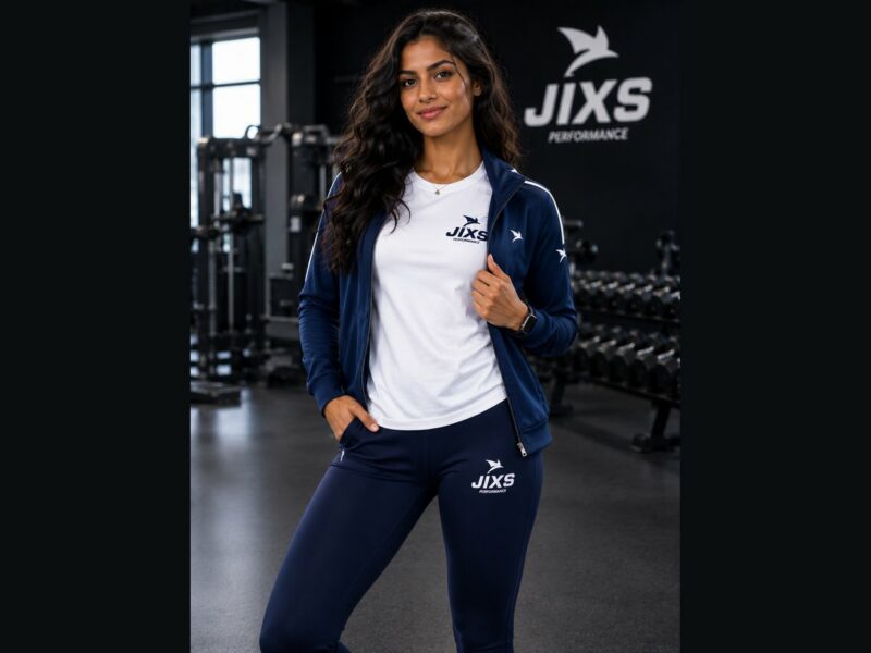 Femme portant une veste et un legging bleus JIXS Premium